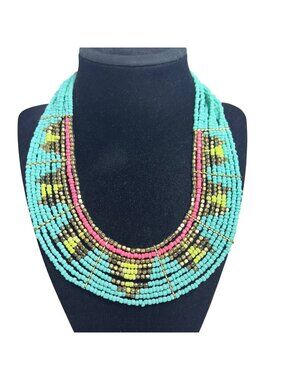 Blue, Gold Tone, Pink And Yellow Beaded Tribal Inspired Collar Necklace (6404)